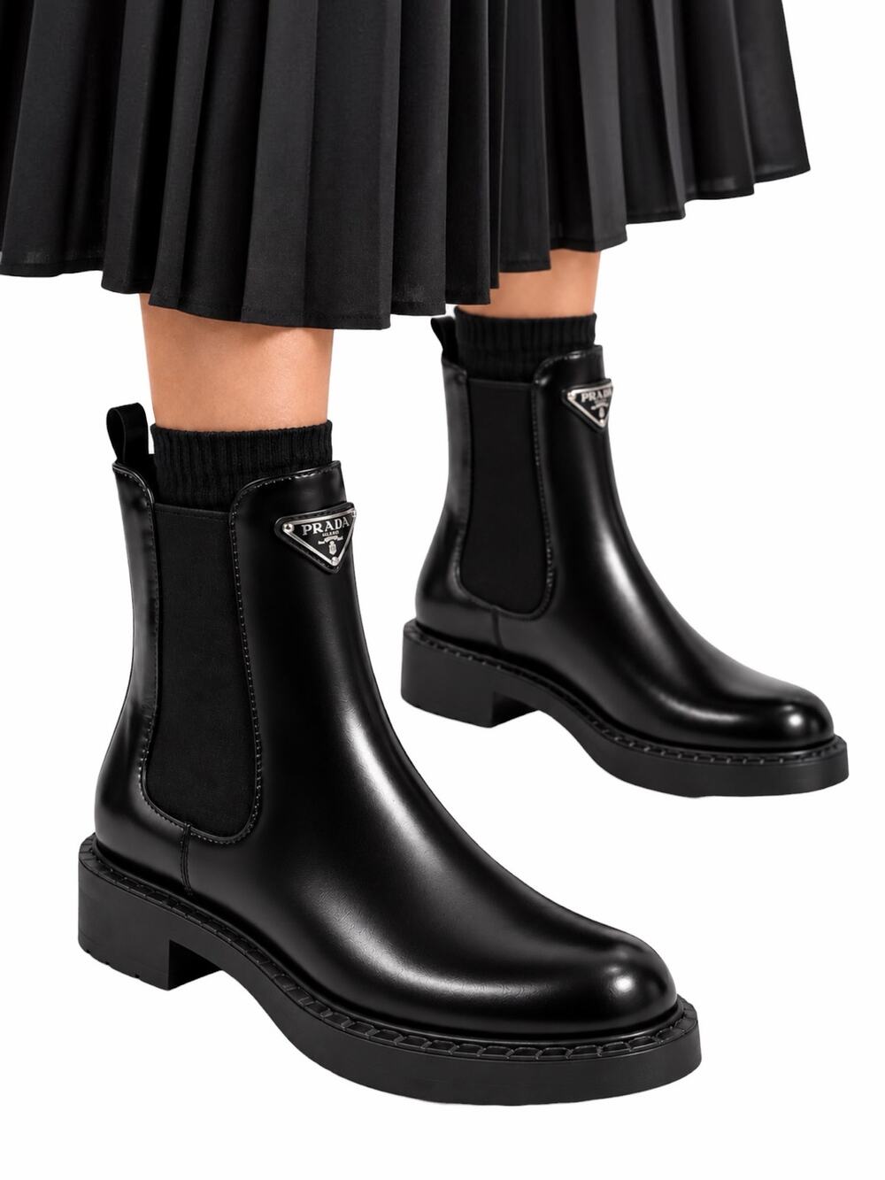 Prada Chocolate Brush Leather Enamel Logo Chelsea  Boots Black Size 39.5
